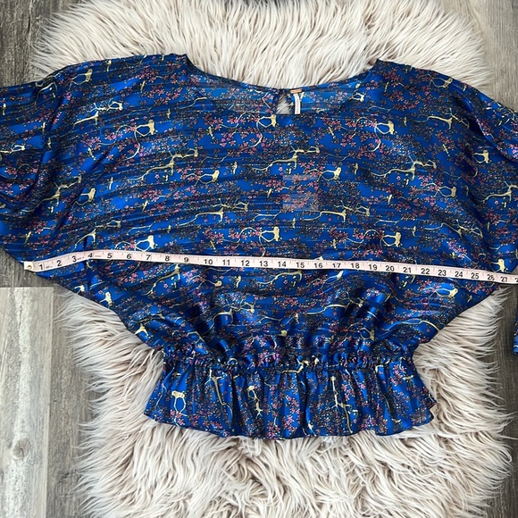 NWT Free People Blue Metallic Print Semi-Sheer Peplum Blouse Small Reg. … - Picture 9 of 11
